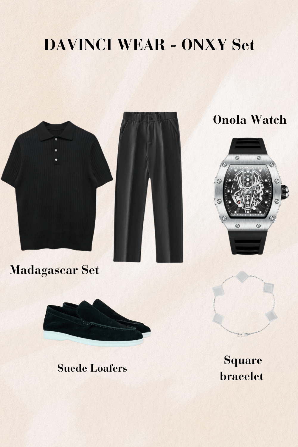 Schwarzes-Poloshirt-schwarze-Hose-schwarze-Wildleder-Loafers-silberne-Uhr-und-Quadrat-Armband