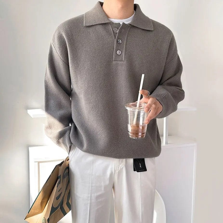 Eleganter-coffee-Polosweater-mit-langem-Ärmel-und-drei-Knöpfen-im-Klassischen-Stil