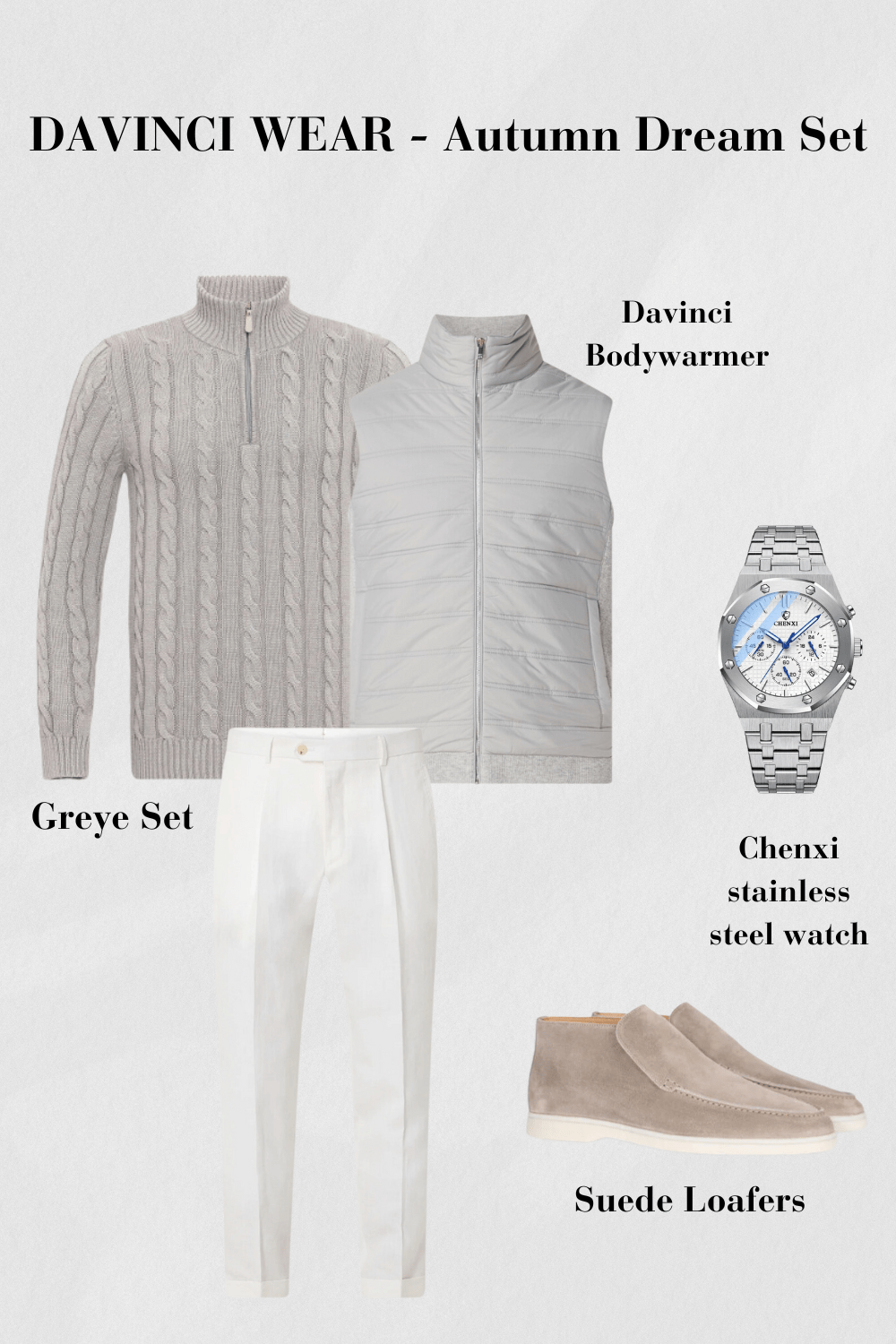 Graues-Outfit-Set-mit-Strickpullover-Weste-weißer-Hose-Suede-Loafers-und-Edelstahl-Uhr-elegantes-Design