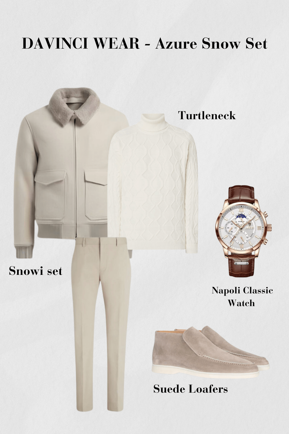 Herren-Outfit-mit-beiger-Jacke-weißem-Rollkragenpullover-beigen-Hosen-Napoli-Classic-Uhr-und-Suede-Loafers-klassisches-und-elegantes-Design