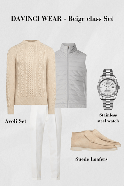  Beige-Outfit-Set-mit-Strickpullover-Weste-Hose-Loafers-und-Uhr-elegantes-Design