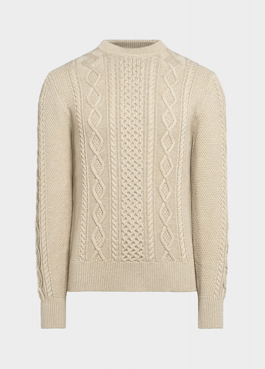 Beige-Strickpullover-mit-Zopfmuster-klassisches-Design