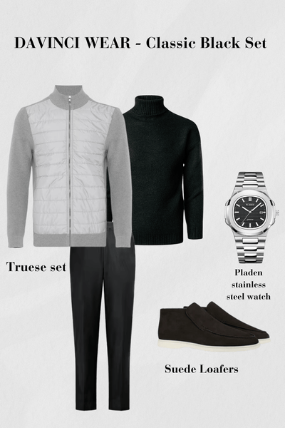 Schwarzes-Outfit-Set-mit-Steppjacke-Rollkragenpullover-schwarzer-Hose-Suede-Loafers-und-Edelstahl-Uhr-klassisches-und-modernes-Design