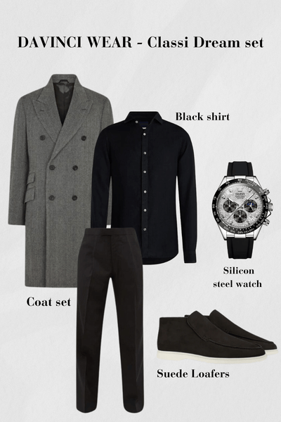 Herren-Outfit-mit-grauem-Mantel-schwarzem-Hemd-schwarzer-Hose-Silikon-Edelstahl-Uhr-und-schwarzen-Wildleder-Loafers-eleganter-und-klassischer-Look