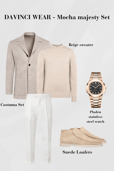 Herren-Outfit-mit-beigem-Sakko-cremefarbenem-Pullover-weißer-Hose-roségoldener-Pladen-Uhr-und-beigen-Wildleder-Schuhen-stilvoller-und-zeitloser-Look