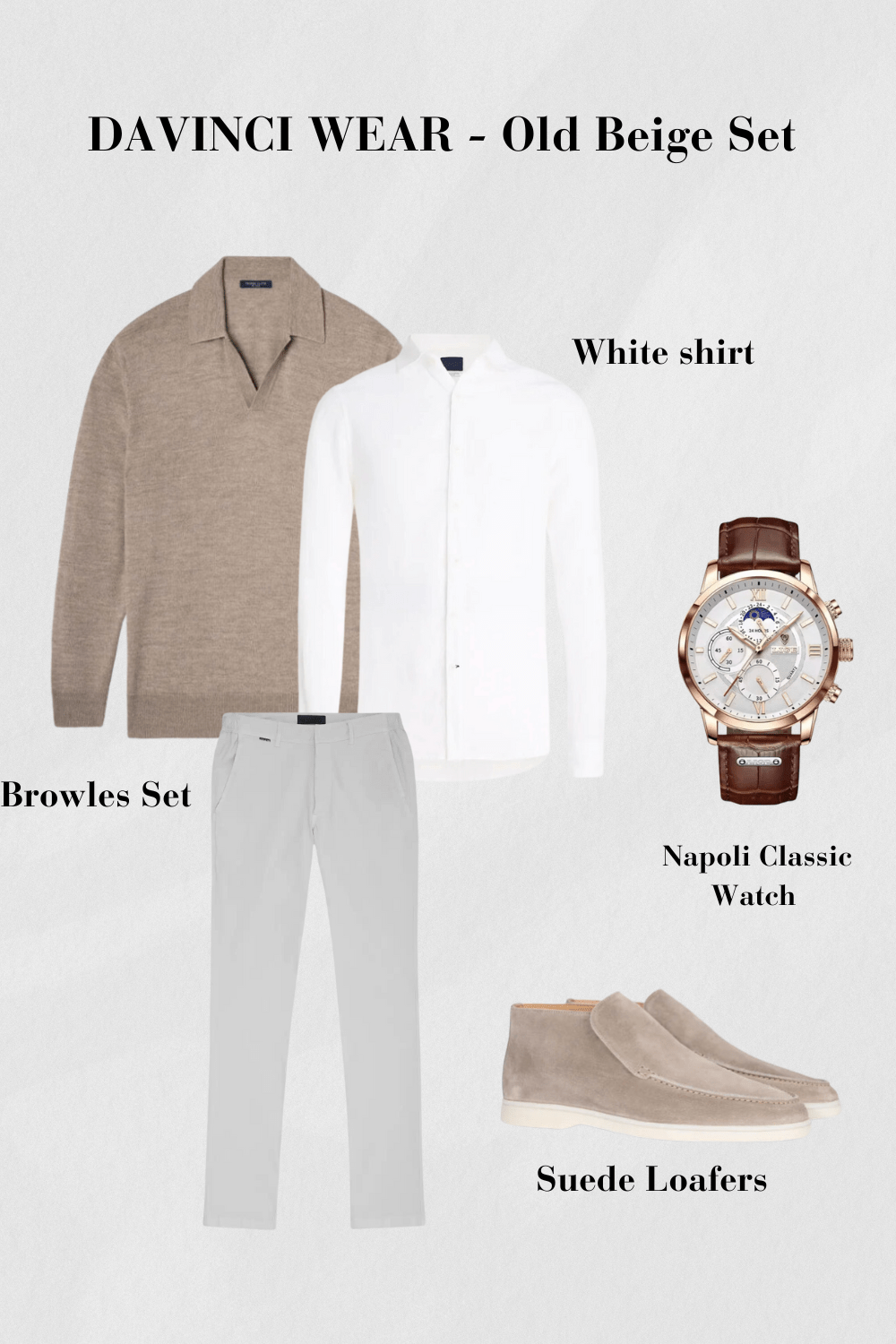 Beige-und-weißes-Set-mit-Pullover-Hemd-Hose-Suede-Loafers-und-Klassik-Uhr-elegantes-und-zeitloses-Design