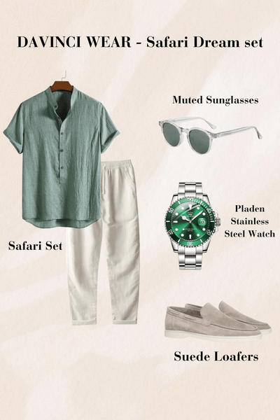 Grünes-Hemd-mit-weißer-Hose-transparente-Sonnenbrille-grüne-Edelstahl-Uhr-und-beige-Wildleder-Loafers-sommerliches-und-lässiges-Design