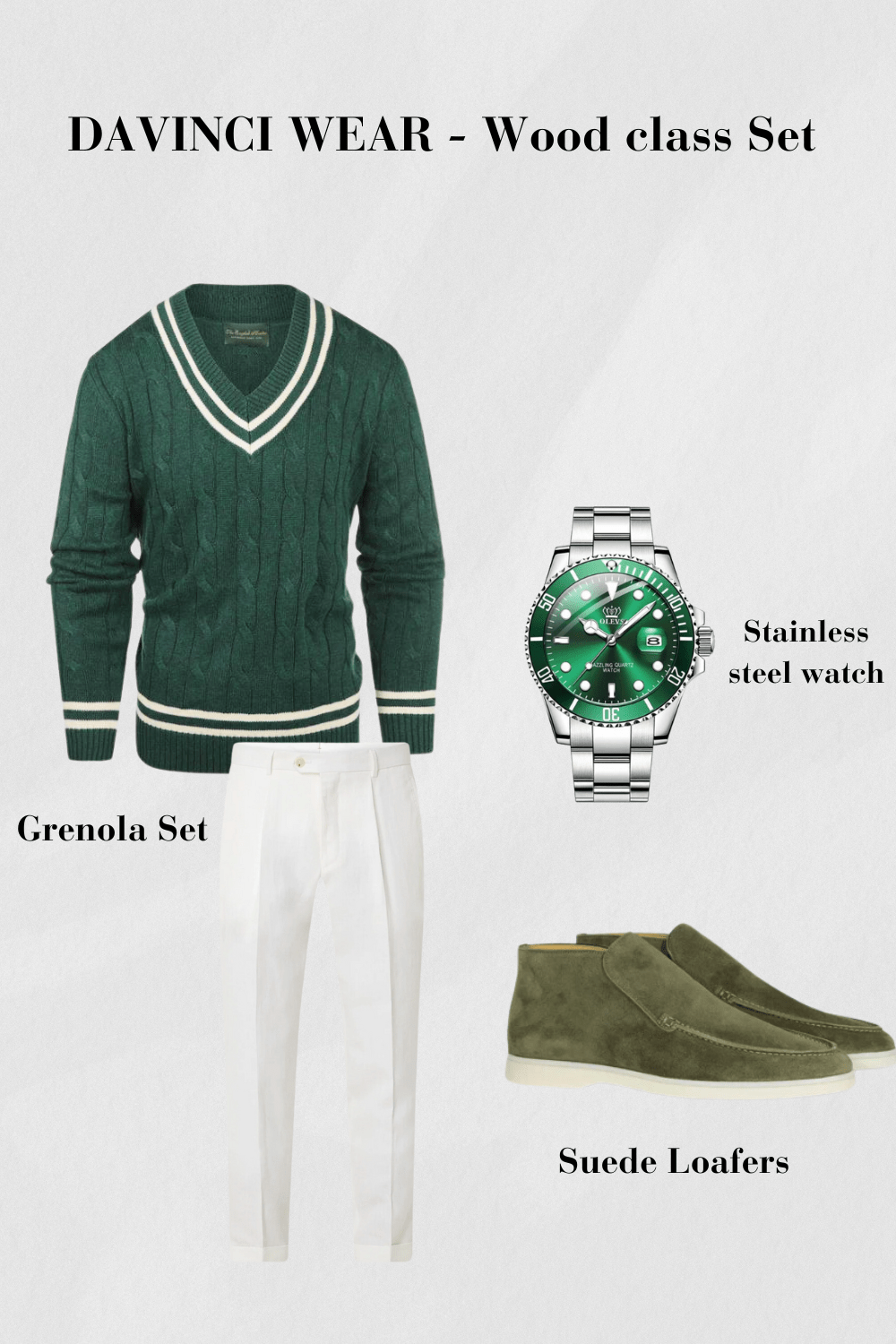 Grünes-Outfit-Set-mit-Strickpullover-weißer-Hose-Suede-Loafers-und-Edelstahl-Uhr-elegantes-und-natürliches-Design