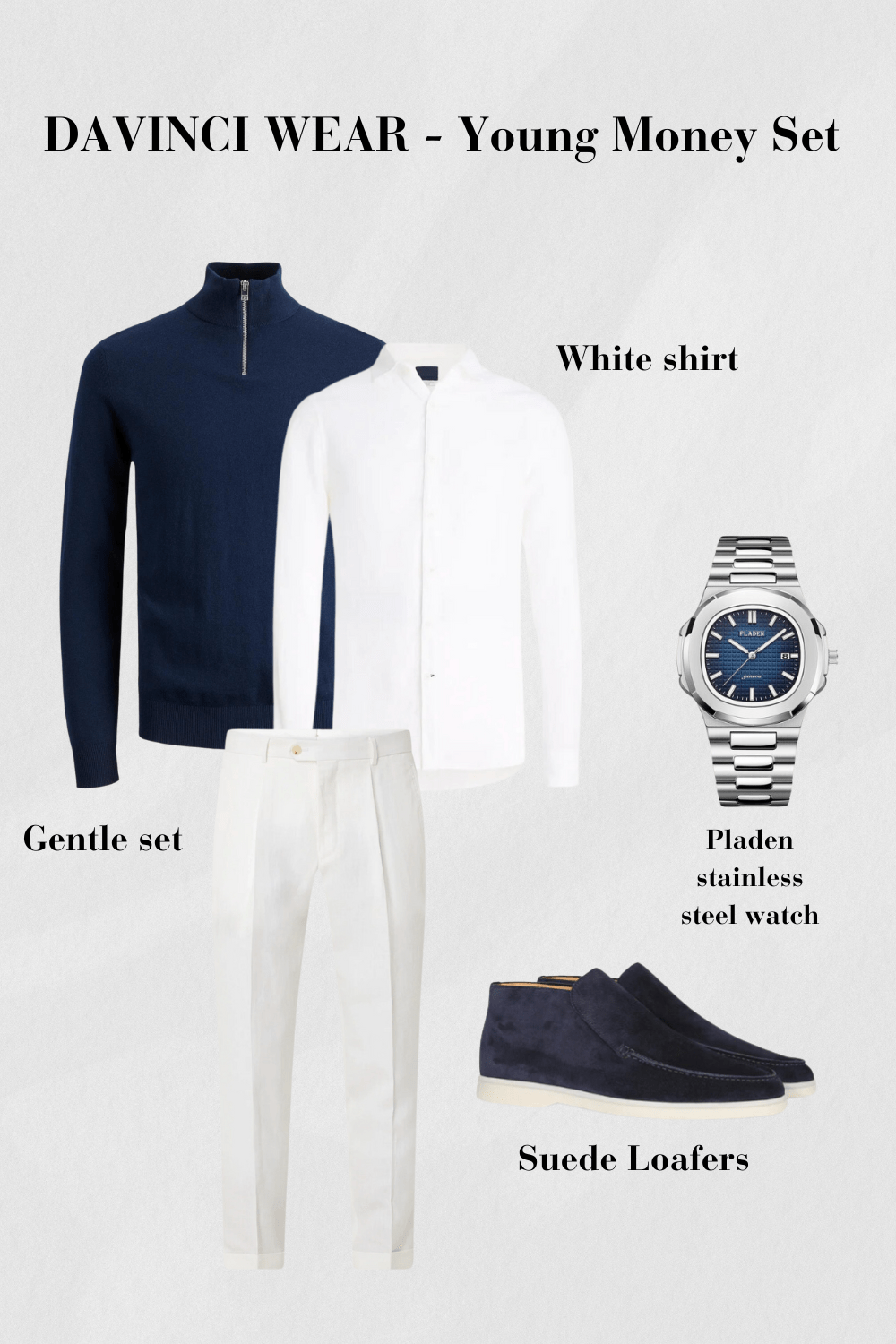 Navy-und-weißes-Set-mit-Pullover-Hemd-Hose-Suede-Loafers-und-Edelstahl-Uhr-elegantes-Design