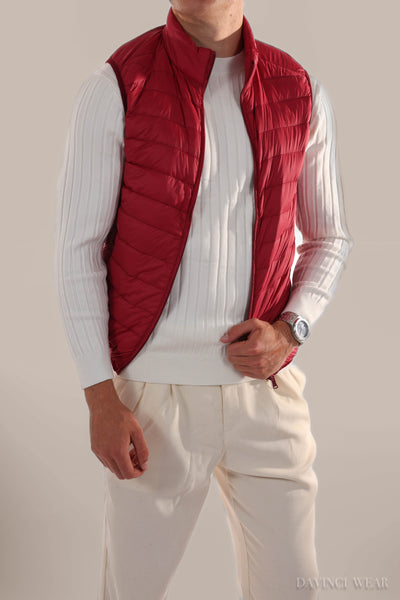 Men's-red-leather-bomber-jacket-model-standing-in-side-profile-elegant-design