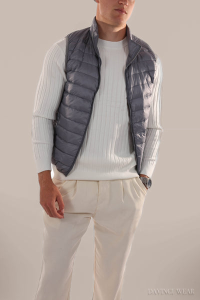 Men's-grey-bomber-jacket-model-standing-in-side-profile-elegant-design