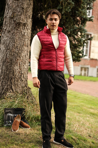 Men's-red-leather-bomber-jacket-model-standing-in-side-profile-elegant-design