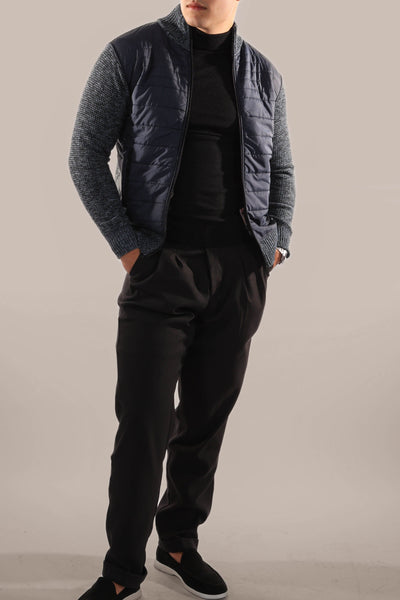 Men-model-wears-blue-leather-jacket-standing-in-front-with-an-elegant-and-casual-design