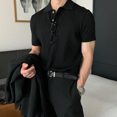 Men's-black-short-sleeve-rib-knit-polo-shirt-with-button-facing