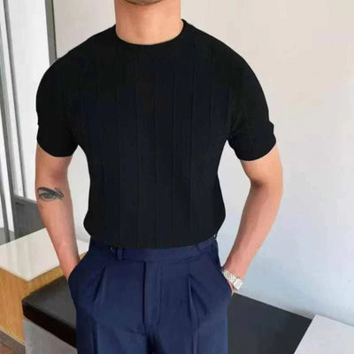 men's-black-short-sleeve-knit-shirt-with-round-neck-and-elegant-ribbed-design