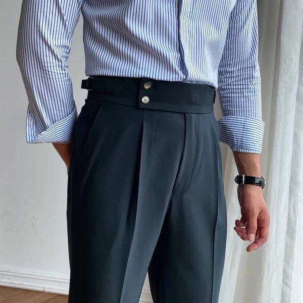 Blue men's trousers with double-button fastening, timeless design and effortless elegance for the distinguished gentleman