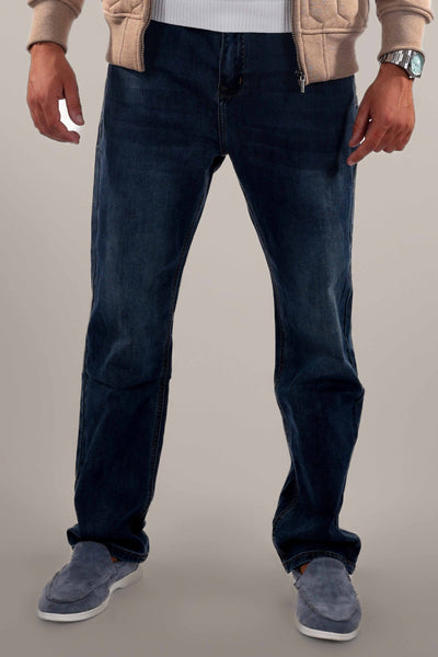 Men's-model-wears-dark-blue-jeans-stand-in-front-view-modern-and-casual-design