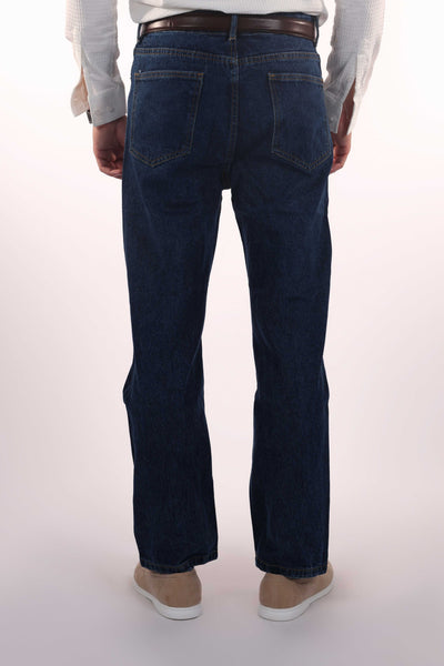 Men's-model-wears-dark-blue-jeans-standing-in-the-back-profile-modern-and-casual-design