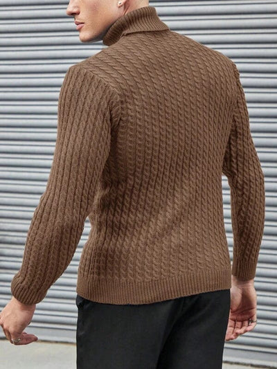 Men's-camel-turtleneck-sweater-with-buttoned-pattern-structured-design-vintage-look