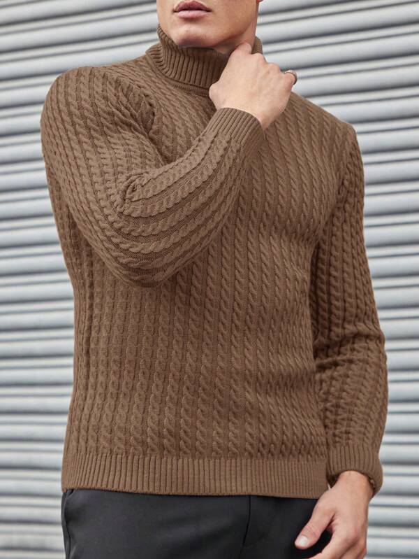 Men's-camel-turtleneck-sweater-with-buttoned-pattern-structured-design-vintage-look