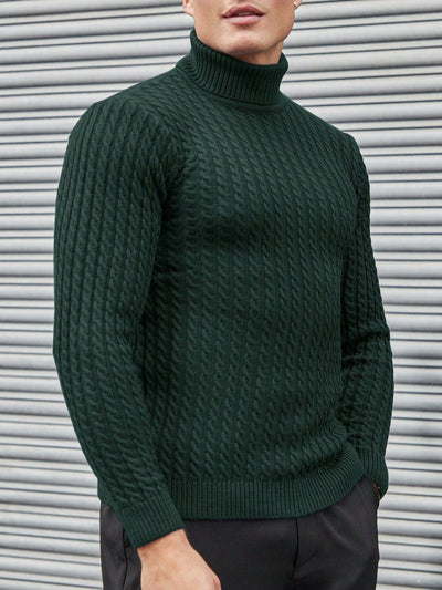 Men's-dark-grey-turtleneck-sweater-with-cable-pattern-structured-design-vintage-look