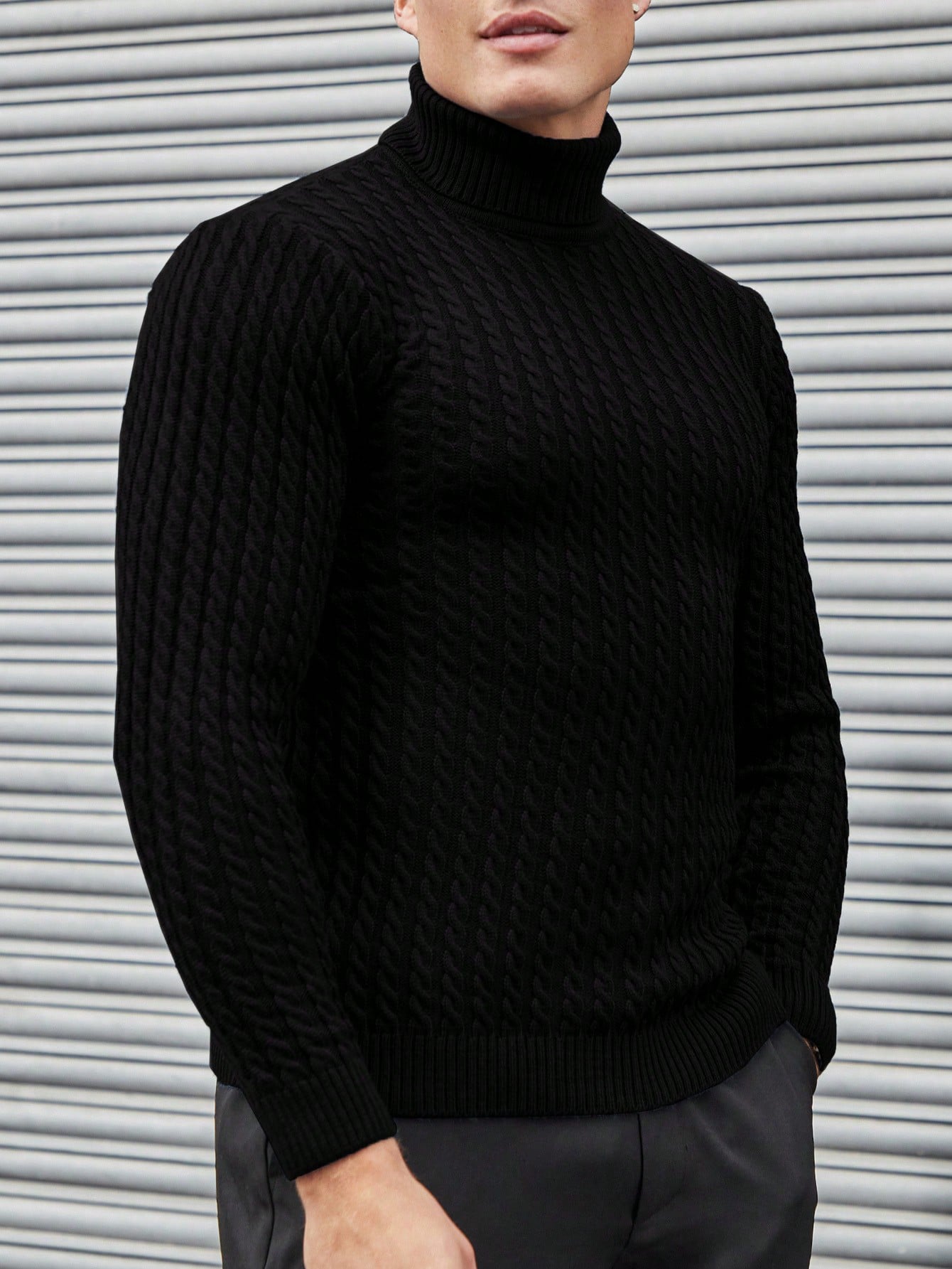 Men's-black-turtleneck-sweater-with-cable-pattern-structured-design-vintage-look