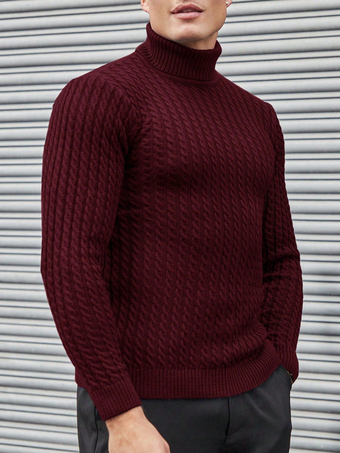 Men's-red-turtleneck-pullover-with-cable-pattern-structured-design-vintage-look