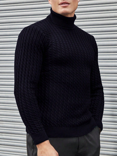 Men's-navy-blue-turtleneck-sweater-with-cable-pattern-structured-design-vintage-look