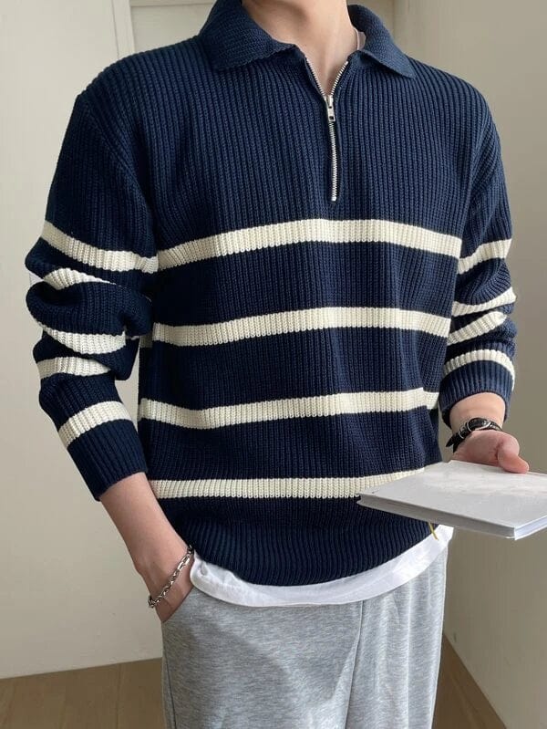 Men's-dark-blue-knitted-sweater-with-white-stripes-and-zipper-collar-for-a-casual-and-elegant-look