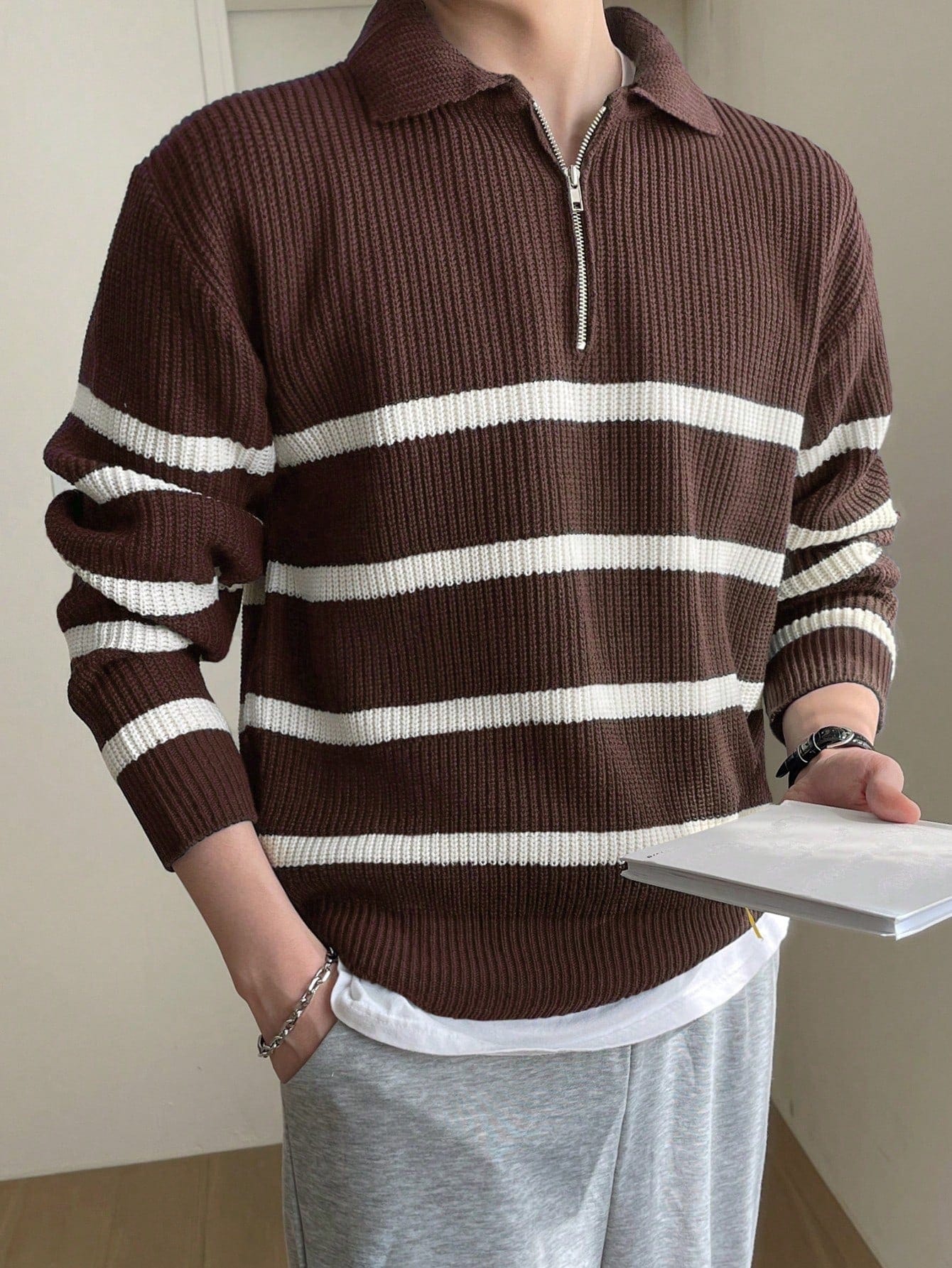 Men's-brown-suede-knit-sweater-with-stripes-and-zipper-collar-for-elegant-casual-look