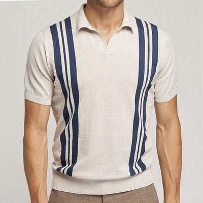 Men's-striped-poloshirt-in-apricot-with-blue-stripes-and-vintage-look