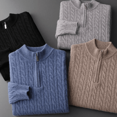 men's-cashmere-sweater-in-black-blue-beige-and-grey-in-vintage-knit-pattern-model-radiates-old-money-style-out