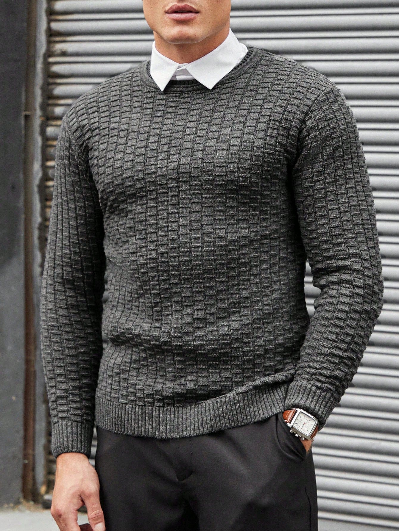 Men's-dark-grey-sweater-with-textured-pattern-elegant-style-vintage-inspired