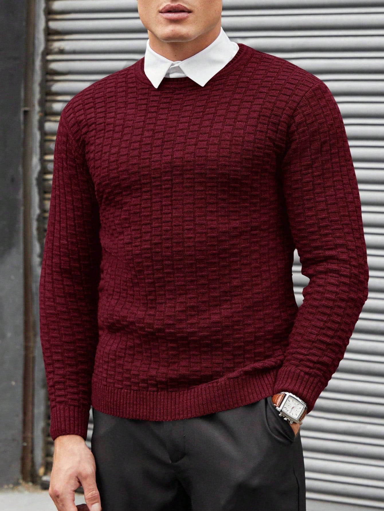 Men's-burgundy-sweater-with-textured-pattern-elegant-style-vintage-inspired