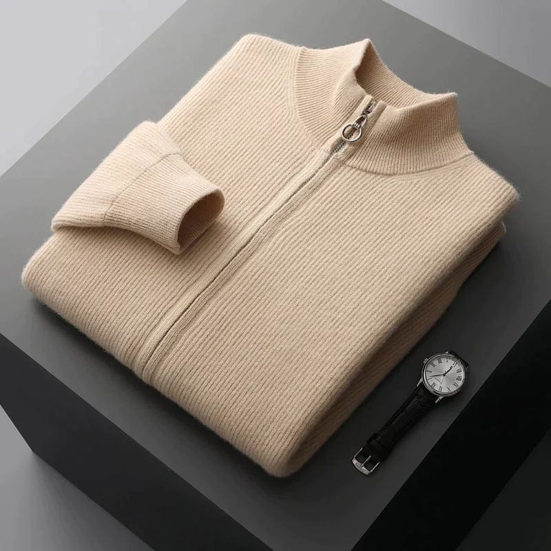 men's-classic-knit-sweater-with-zipper-model-lying-pleated-precious-cashmere-finish