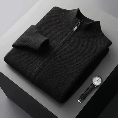 Black men's cashmere sweater with fine zipper detail, combining craftsmanship and timeless elegance