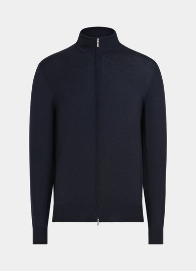 Men's-dark-blue-half-zip-pullover-made-of-ribbed-cotton-fabric-for-a-sporty-look.