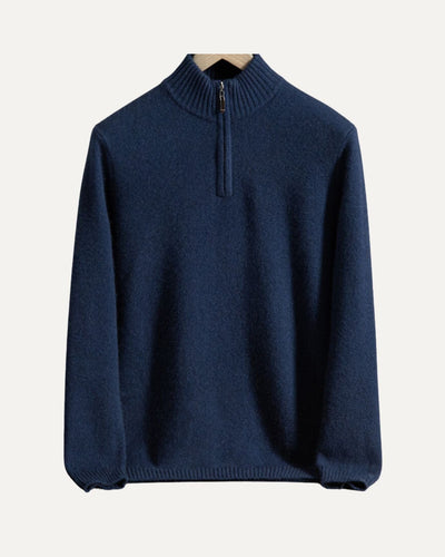 Men's-dark-blue-cashmere-sweater-with-high-zipper-collar-and-ribbed-details