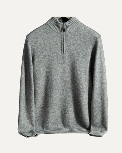 Men's-grey-cashmere-sweater-with-high-zipper-collar-and-ribbed-details