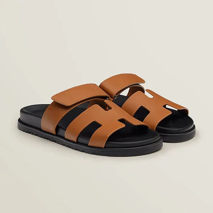 unisex-brown-luxury-leather-sandals-in-subtle-design-double-strap-classic-elegant-emanates