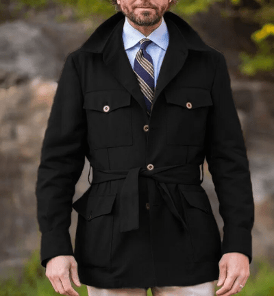 Men's-classic-black-field-jacket-with-four-pockets-and-belt-for-a-timeless-refined-outdoor-aesthetic