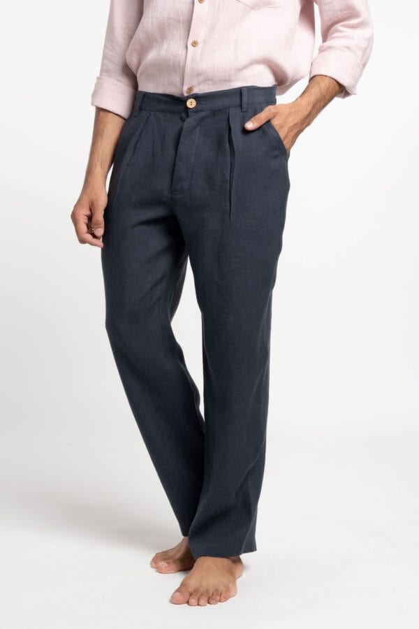 Black men's linen trousers with classic pleats, elegant, timeless cut