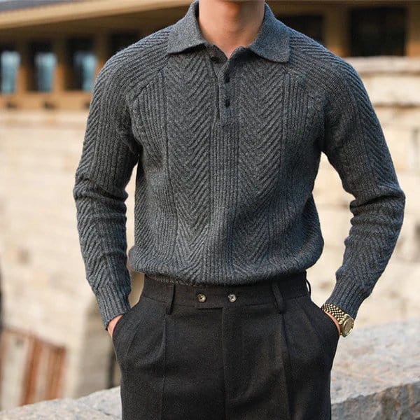 Men's gray knitted polo with button fastening and cable-knit design