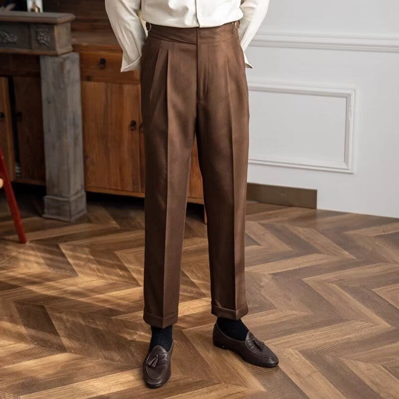 The-male-model-wears-brown-trousers-with-a-high-waistband-elegant-and-classic-design