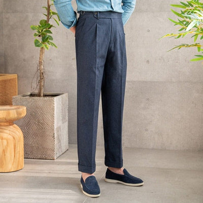 Men's-classic-flannel-trousers-with-high-waist-and-pleats-model-exudes-timeless-elegance