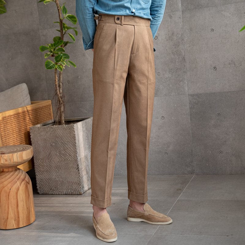 Men's linen trousers-simple-design-model-in-timeless-style-before-an-elegant-scene