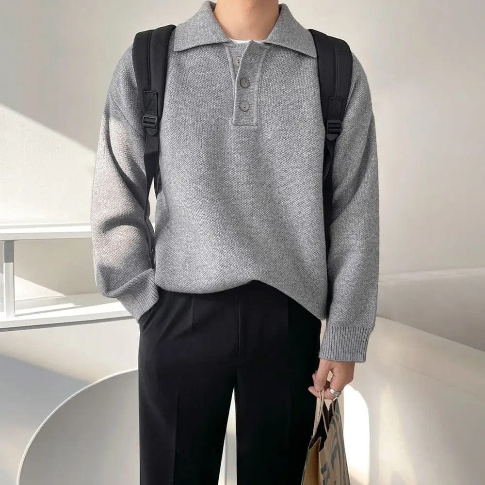 Elegant-GRAY-polo-sweater-with-long-sleeves-and-three-buttons-in-classic-style