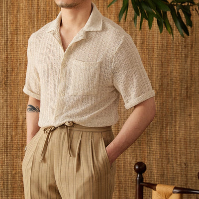 Men's-short-sleeved-puerto-shirt-made-of-beige-cotton-with-button-facing