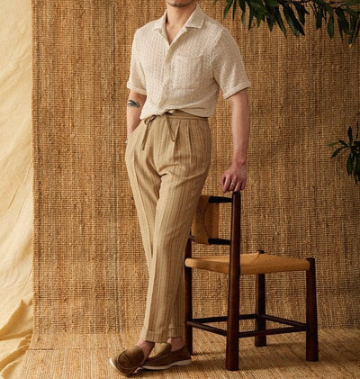 Men's-short-sleeved-puerto-shirt-made-of-beige-cotton-with-button-facing