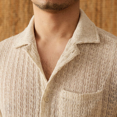 Men's-short-sleeved-puerto-shirt-made-of-beige-cotton-with-button-facing